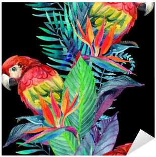 Watercolor Parrots With Tropical Flowers Seamless Pattern - Lampa Papuga (400x400), Png Download