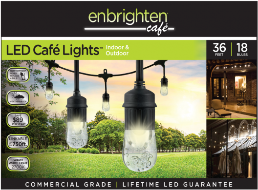 Enbrighten Classic Cafe Lights - Jasco 18-bulb 36 Ft. Black Integrated Led Cafe String (555x555), Png Download