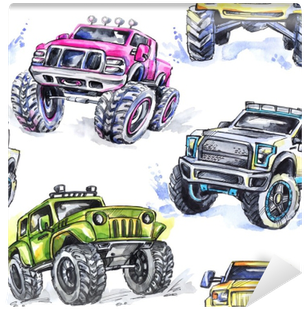 Watercolor Seamless Pattern Cartoon Monster Trucks - Monster Truck Watercolor (400x400), Png Download