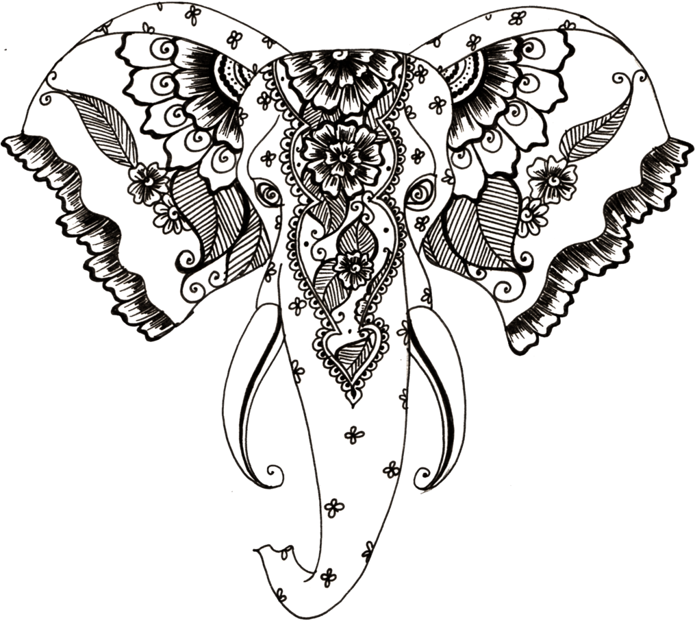 Henna Style Elephant Tattoo Transparent Png - Line Drawing Elephant Henna (1024x945), Png Download