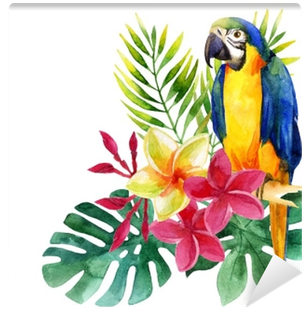 Watercolor Parrot With Exotic Flowers And Leaves Wall - Art Print: Tanycya's Tropical Leaves, 24x18in. (400x400), Png Download