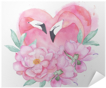 Watercolor Pink Flamingo Couple With Bouquet Peony - Watercolor Painting (400x400), Png Download