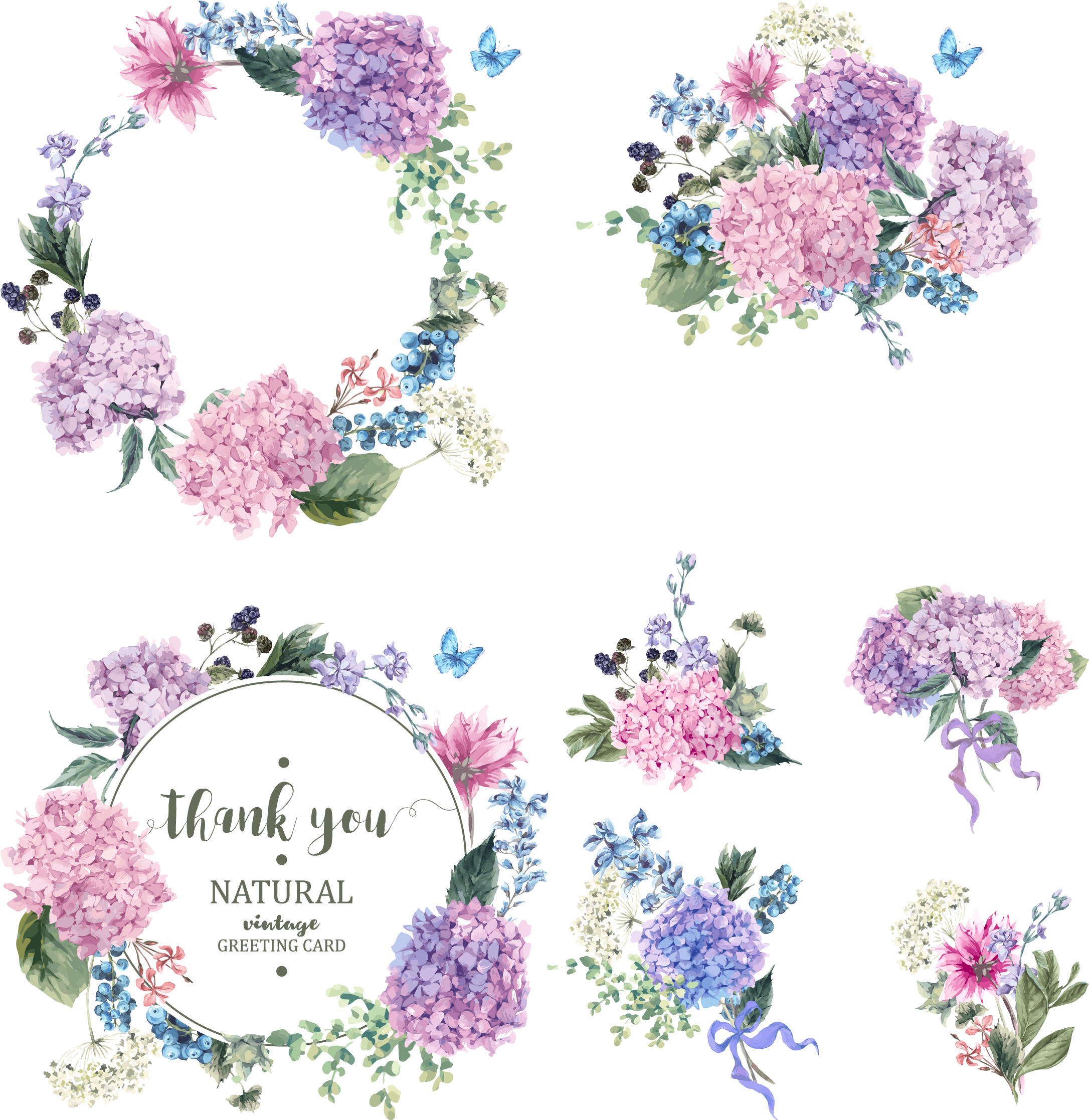 Garden Hydrangea Blossom Colored Bouquet Wreath Transprent - Corona De Flores Vector (2362x2362), Png Download