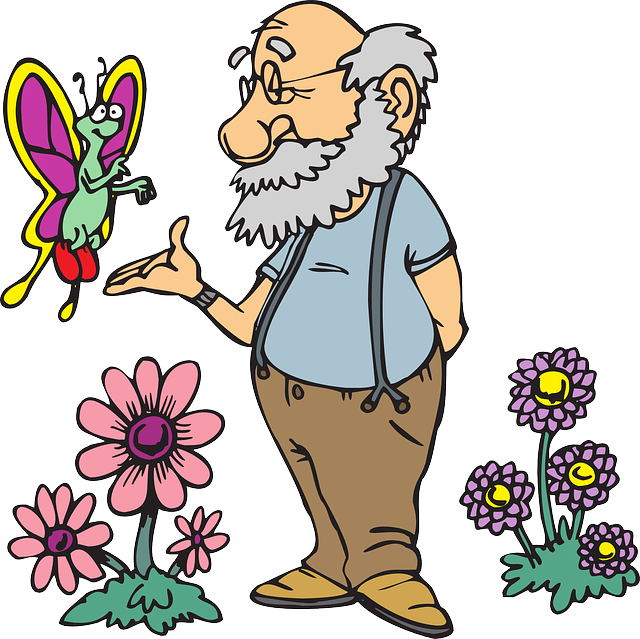 Old, Man, Flowers, Cartoon, Butterfly, Beard, Flower - Nice Old Man Cartoon (640x639), Png Download