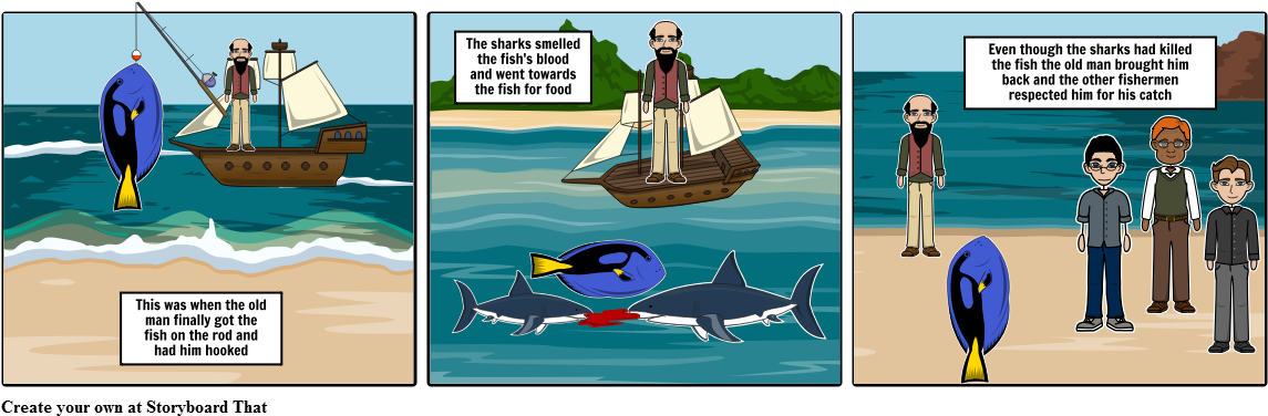 Old Man And The Sea Story Board - Cartoon (1164x385), Png Download