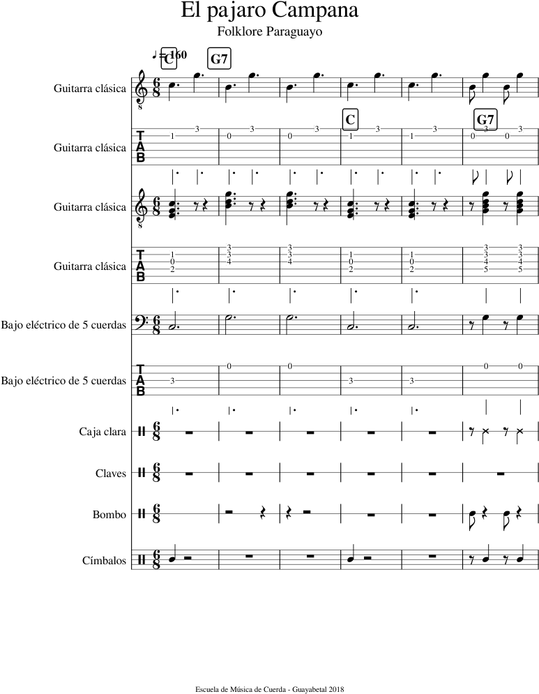 El Pajaro Campana Sheet Music For Guitar, Bass, Percussion - Music (850x1100), Png Download