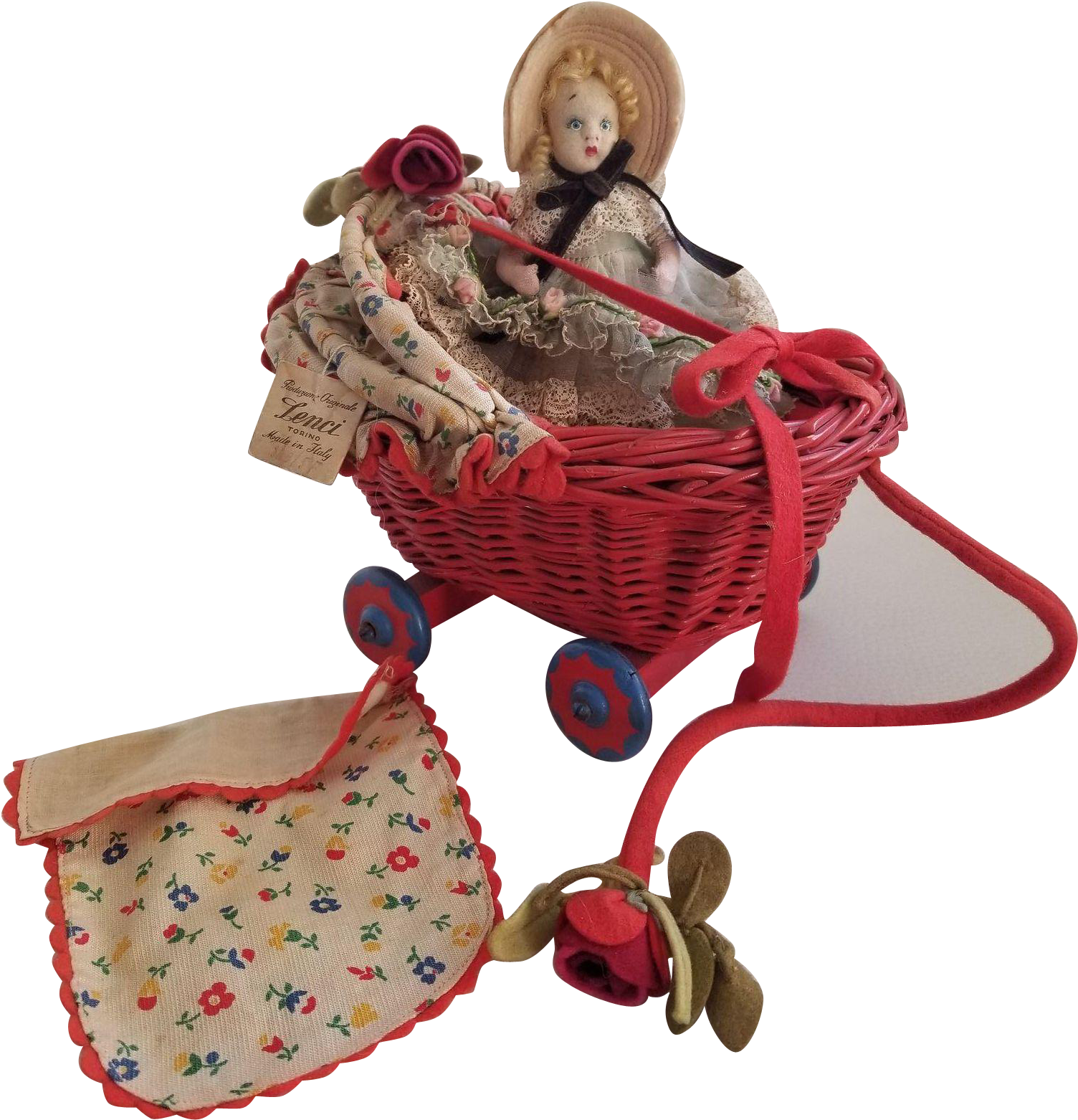 Vintage Lenci Miniature Felt Doll In Wicker Carriage - The Doll (1561x1561), Png Download