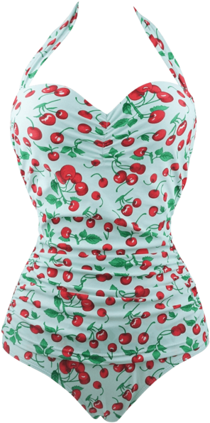 Cocoship 50s Retro Vintage Flora Print White Polka - Cherries Bathing Suit (600x600), Png Download