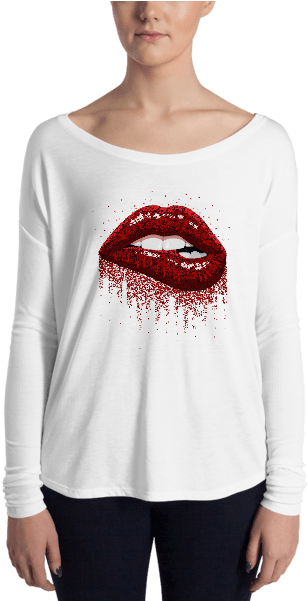 Ladies' Red Sparkles Lips Long Sleeve Tee (600x600), Png Download