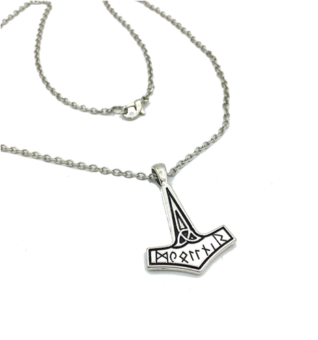 Long Silver Coloured Chain With A Rune-decorated Hammer - Antique Silver Thor Hammer Pendant Alloy Jewelry (498x498), Png Download