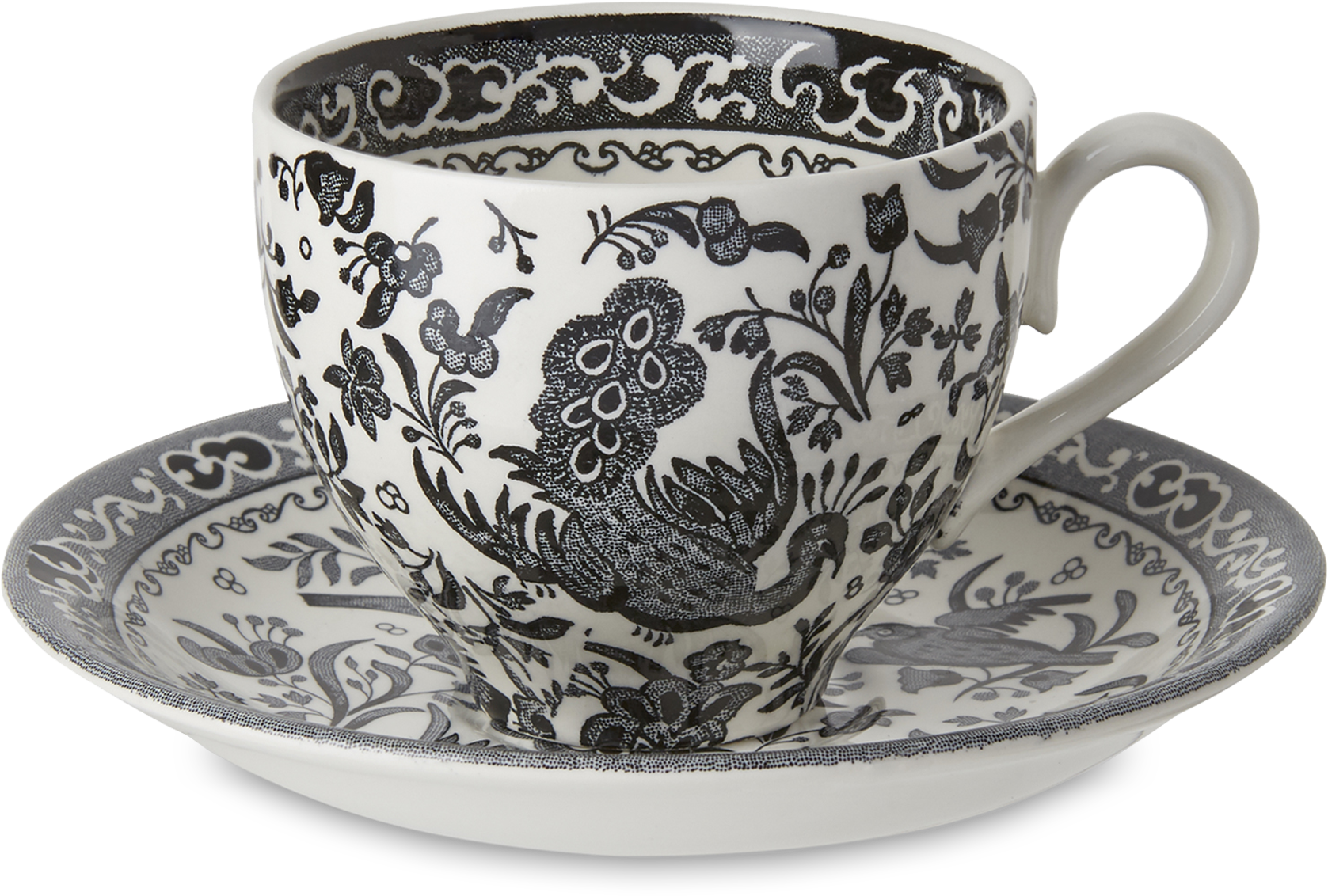 Burleigh Black Regal Peacock Teacup & Saucer (1960x1494), Png Download