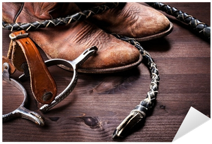 Cowboy Boots,whip And Spurs On Wood Sticker - East Urban Home Western Authentic Old Leather Boots (400x400), Png Download