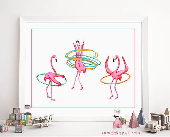 Hula Hoop Pink Flamingos Print By Amelie Legault Available - Poster (655x528), Png Download