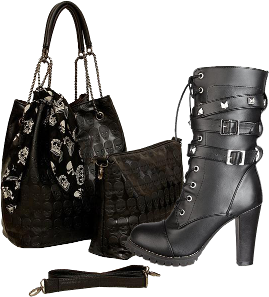 The Black Angel Boots Skull Design Bag Set - Women's Winter Patent-leather Zip Pointed Toe Ankle (600x600), Png Download