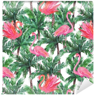 Watercolor Pink Flamingos, Exotic Birds, Tropical Palm - Watercolor Painting (400x400), Png Download