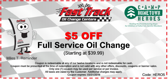 5 Off Any Oil Change Coupon 3 31 2016 Camp Hometown - Fast Track (580x275), Png Download