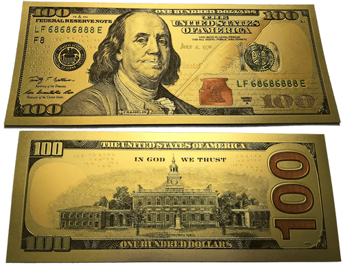 $100 Benjamin Franklin Colorized Gold Foil Polymer - 100 Us Dollar (500x387), Png Download