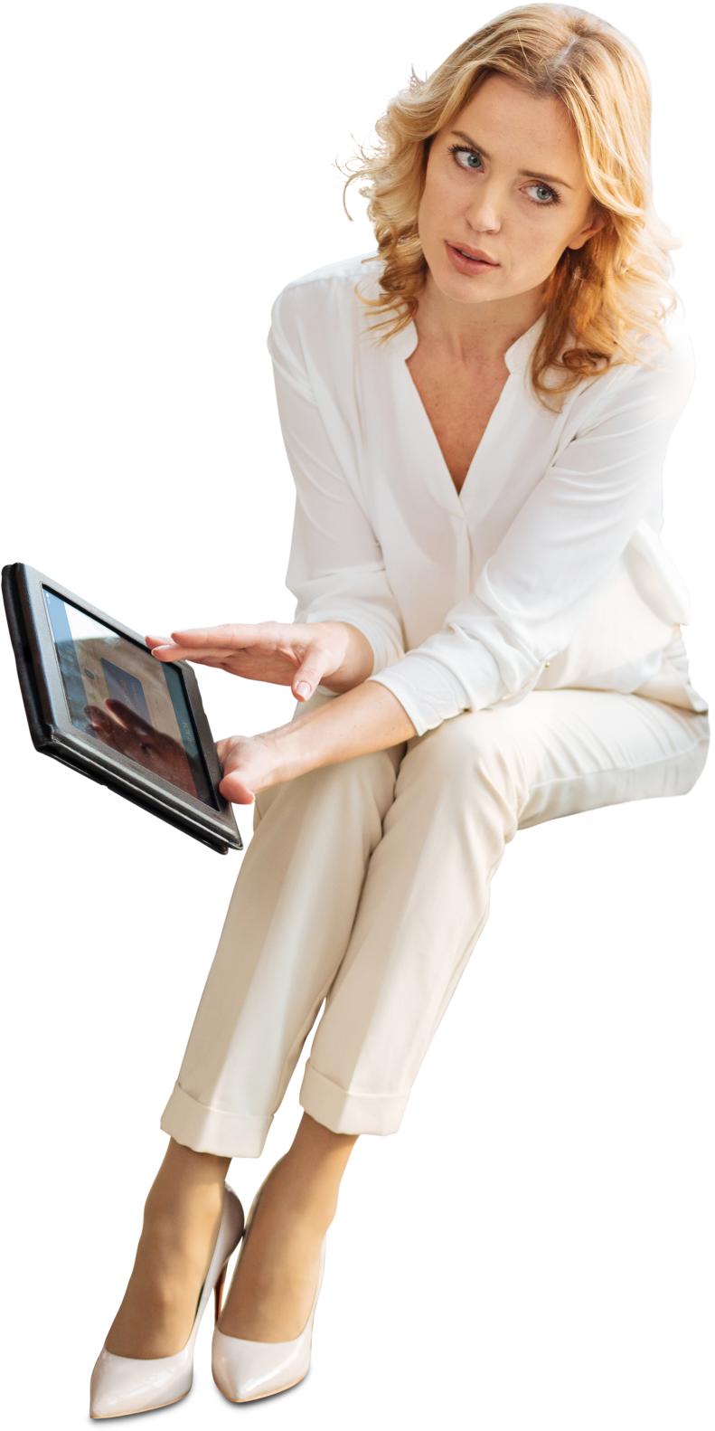 Office Businesswoman With Tablet - Business Woman Sitting Png (797x1599), Png Download