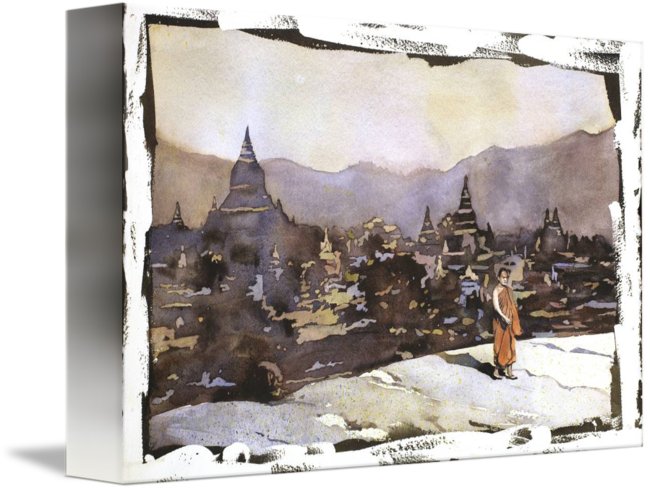 Watercolor Painting Of Monk - Watercolor Myanmar Art Painting (650x490), Png Download