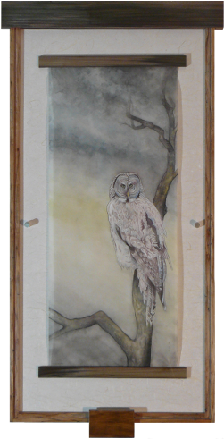 Watercolor Painting On Silk Of Great Grey Owl Looking - Watercolor Painting (500x500), Png Download