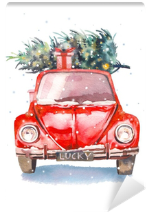 Watercolor Retro Car With Gift Box And Christmas Tree - Watercolor Christmas Tree Png (400x400), Png Download