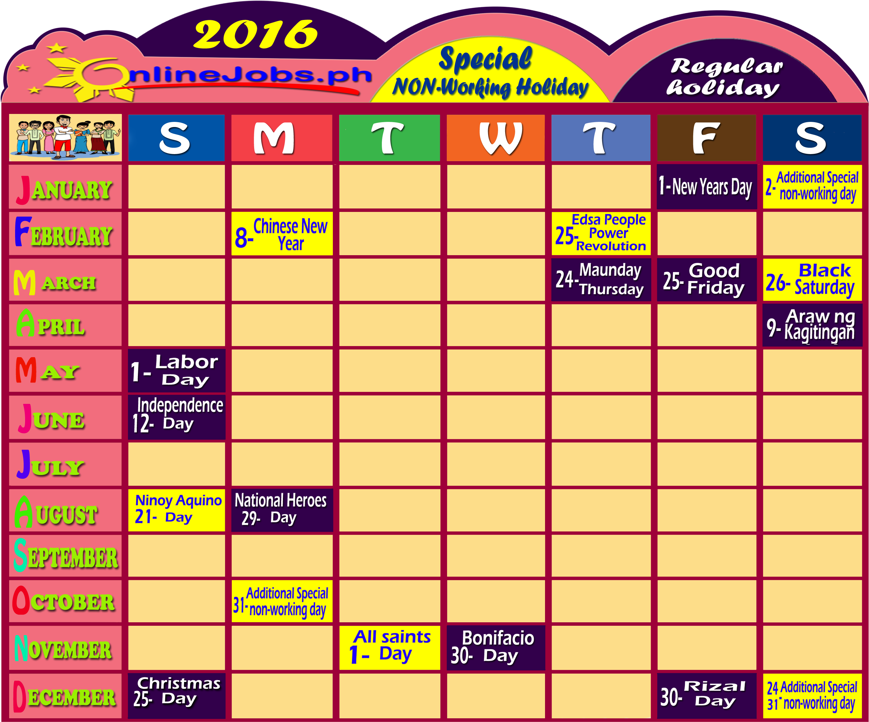 Philippine Holidays 2016 Calendar (3300x2550), Png Download