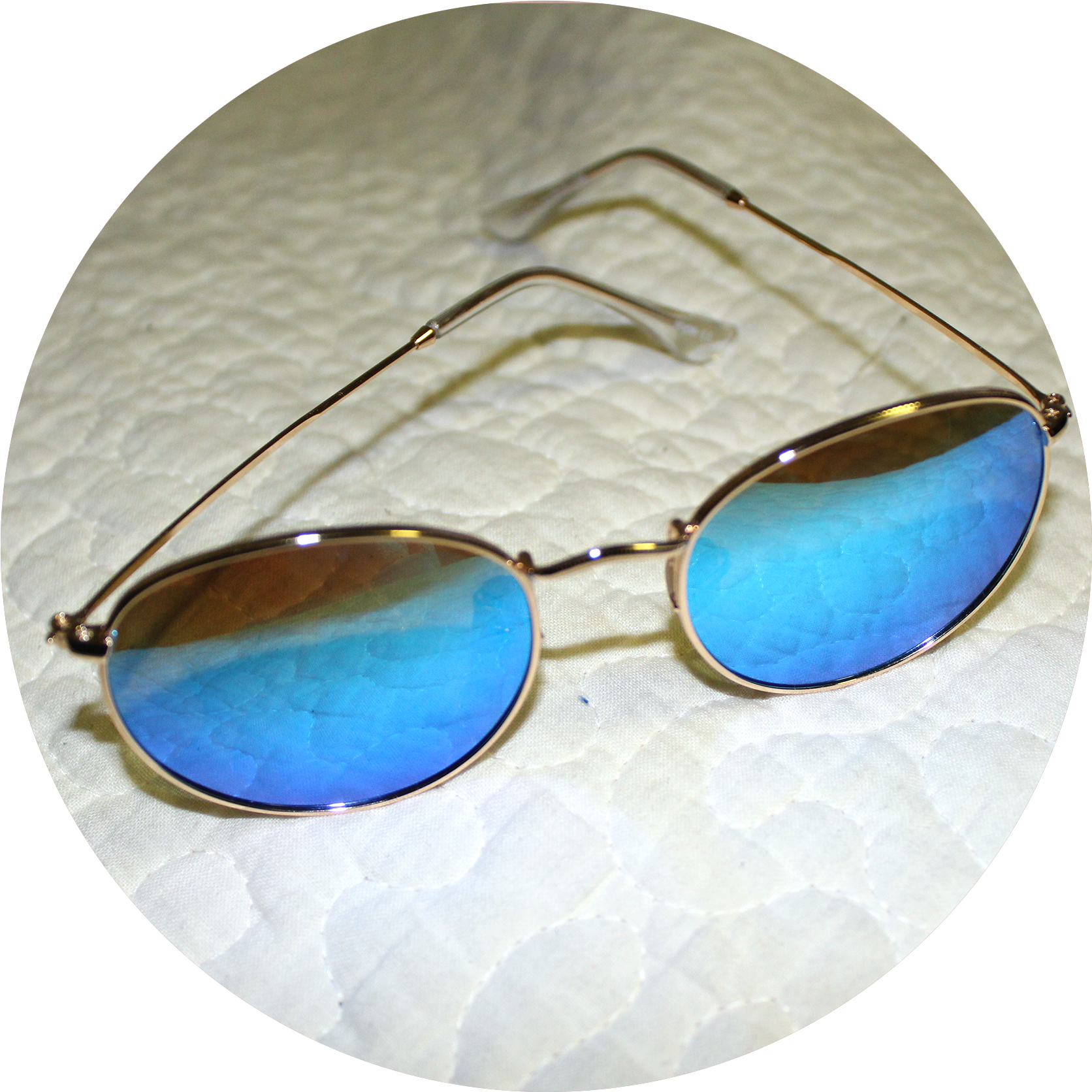 A Pair Of Gold Sunglasses With Blue Lenses Sit On White (1724x1775), Png Download
