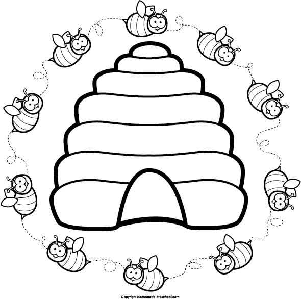 Svg Black And White Download Free Clipart Bees - Black And White Beehive Clipart (590x586), Png Download