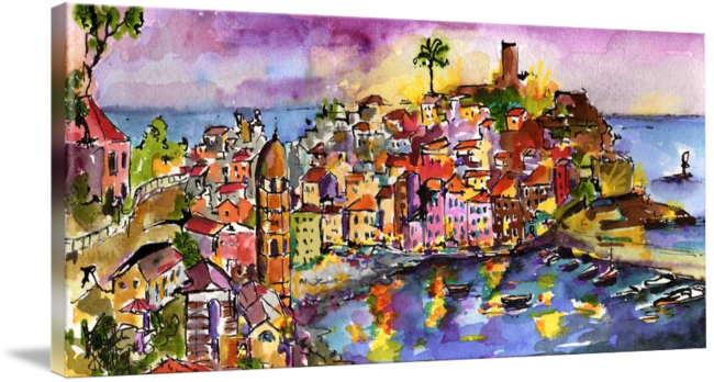 Vernazza At Night Watercolor Painting By Ginette C - Gallery-wrapped Canvas Art Print 60 X 26 Entitled Vernazza (650x348), Png Download