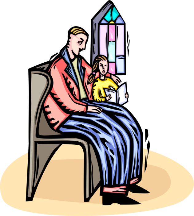 Vector Illustration Of Family Sit In Church Pew During (631x700), Png Download