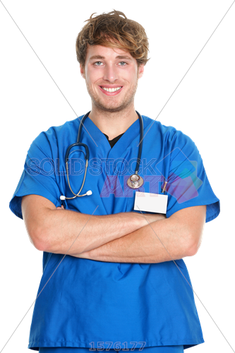 Stock Photo Of Confident Brunet Male Nurse In Blue - Male Nurse (333x500), Png Download