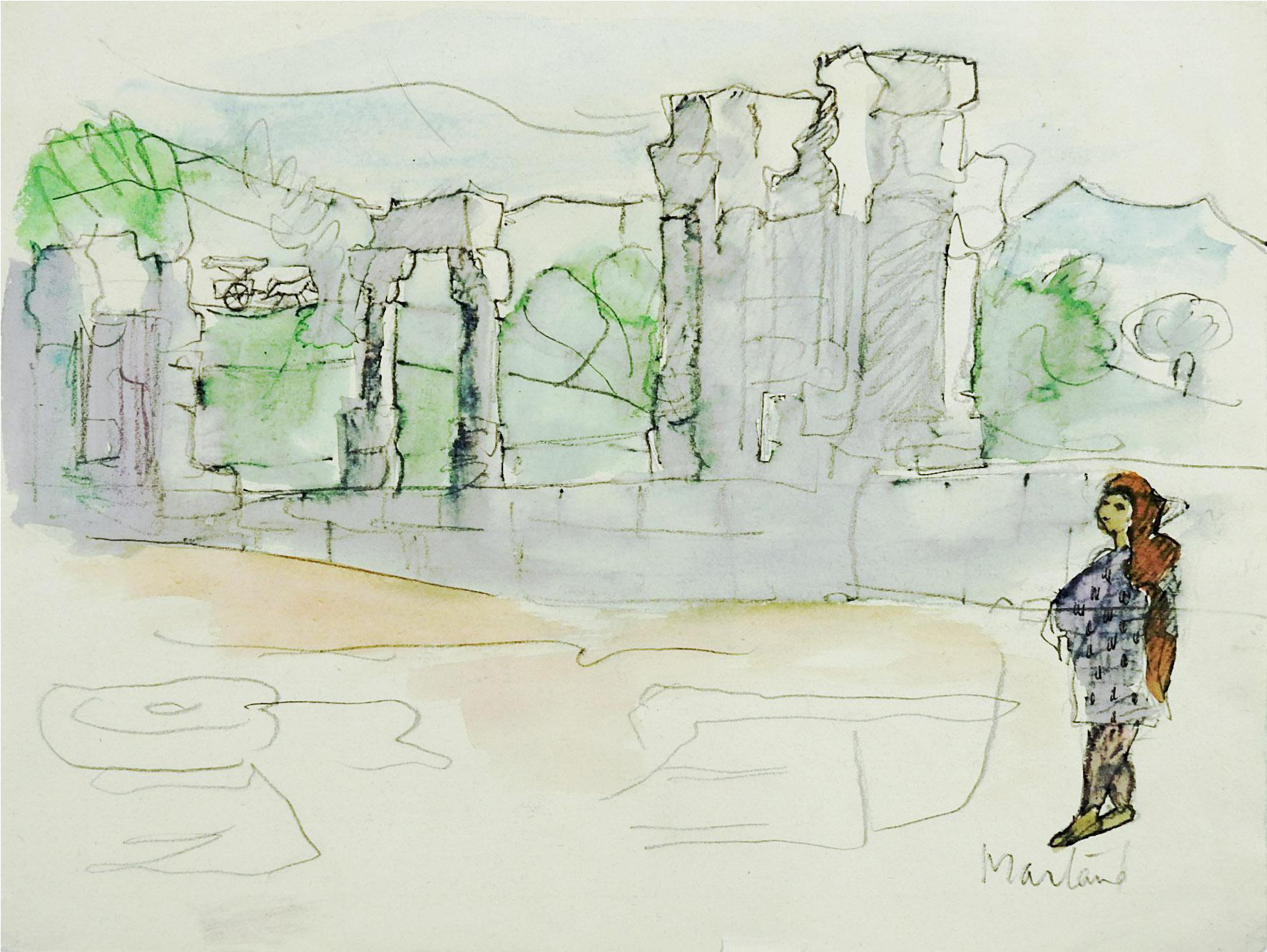 Ancient Ruins Watercolor Study Painting Chairish - Watercolor Painting (1972x1481), Png Download