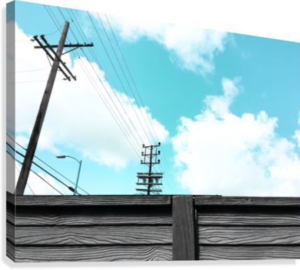 Electric Pole With Wooden Wall And Blue Cloudy Sky - Blue (429x386), Png Download