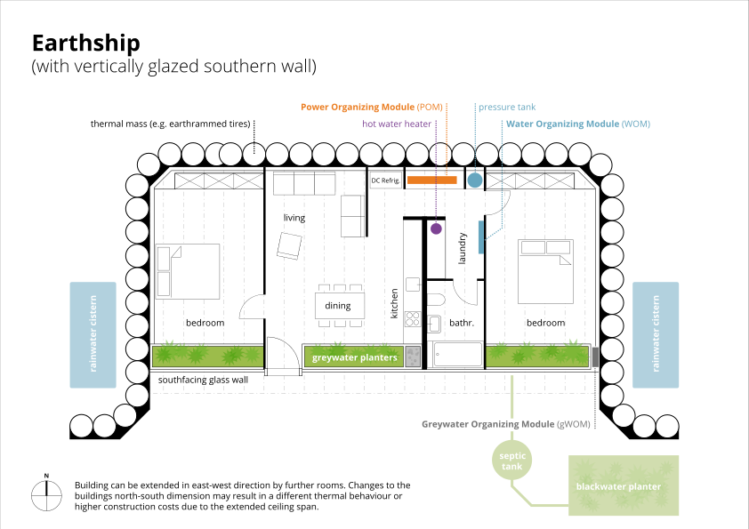 842px-earthship Plan With Vertically Glazed Southern (842x595), Png Download