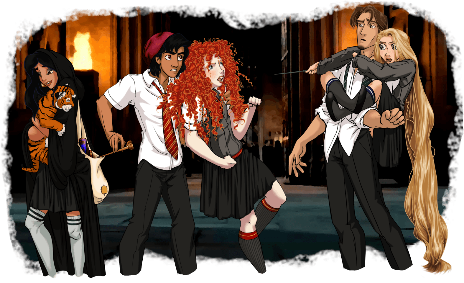Princess Jasmine, Rajah, Aladdin, Merida, And Flynn - Harry Potter Characters Fan Art (1600x965), Png Download