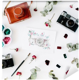 Artist Workspace With Vintage Retro Photo Camera, And - Camera (400x400), Png Download