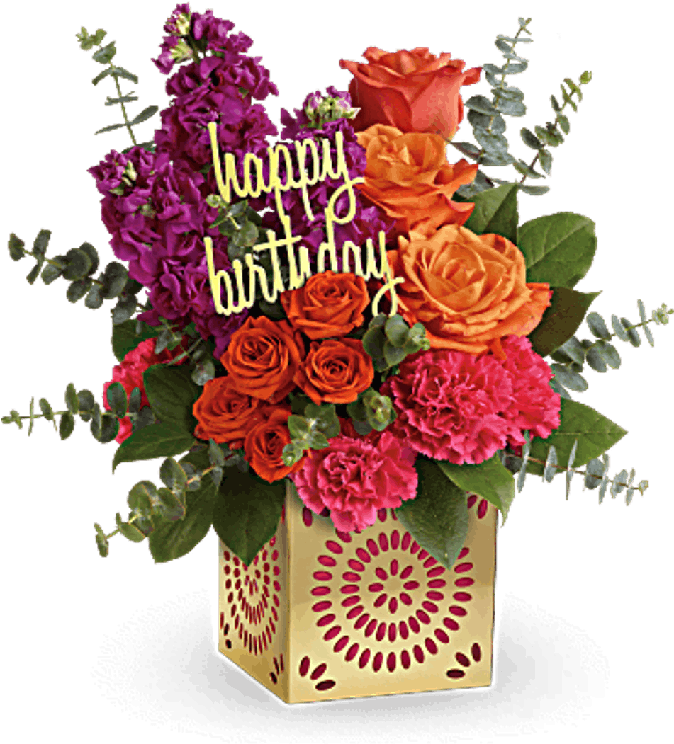 Flower Bouquet Of Orange Roses, Fuchsia Stock And Pink - Birthday Flowers (368x460), Png Download