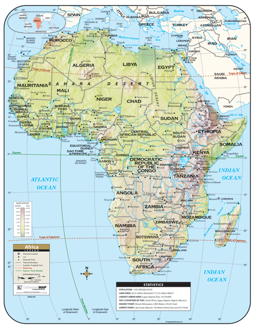 Universal Map® Africa Shaded Relief Laminated Rolled - Atlas (650x650), Png Download