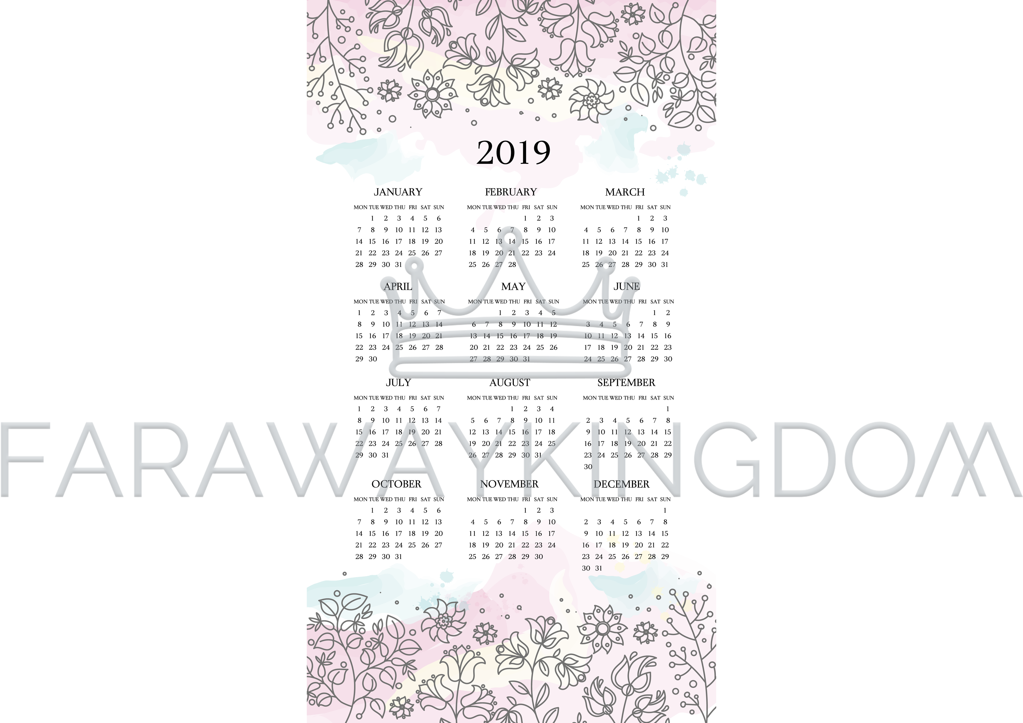 Calendar 2019 Floral Ethnic Folk Vector Illustration - Birthday Cake (3508x2480), Png Download