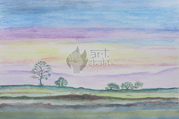 Landscape Abstract Trees Blue Purple Yellow - Painting (606x402), Png Download