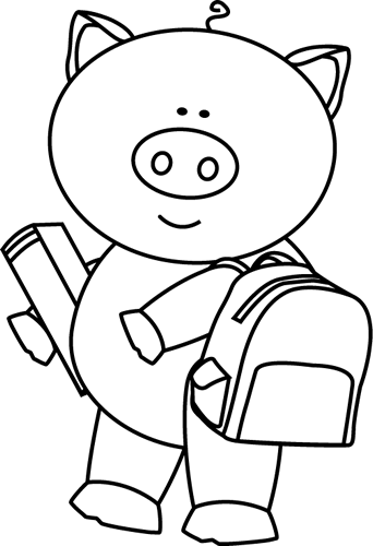 Black And White Pig Going To School Clip Art Black - Clip Art Pig Roller Skates (342x500), Png Download