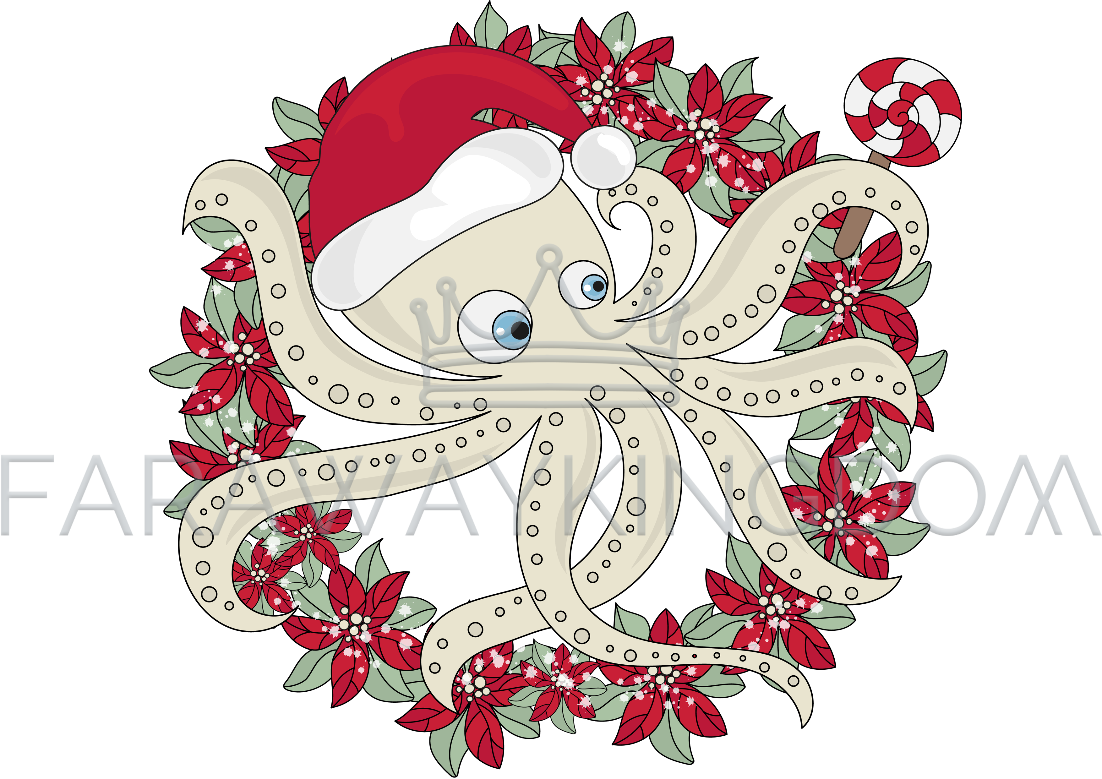 Christmas Octopus Icon New Year Cartoon Vector Illustration - Christmas Octopus (3508x2480), Png Download