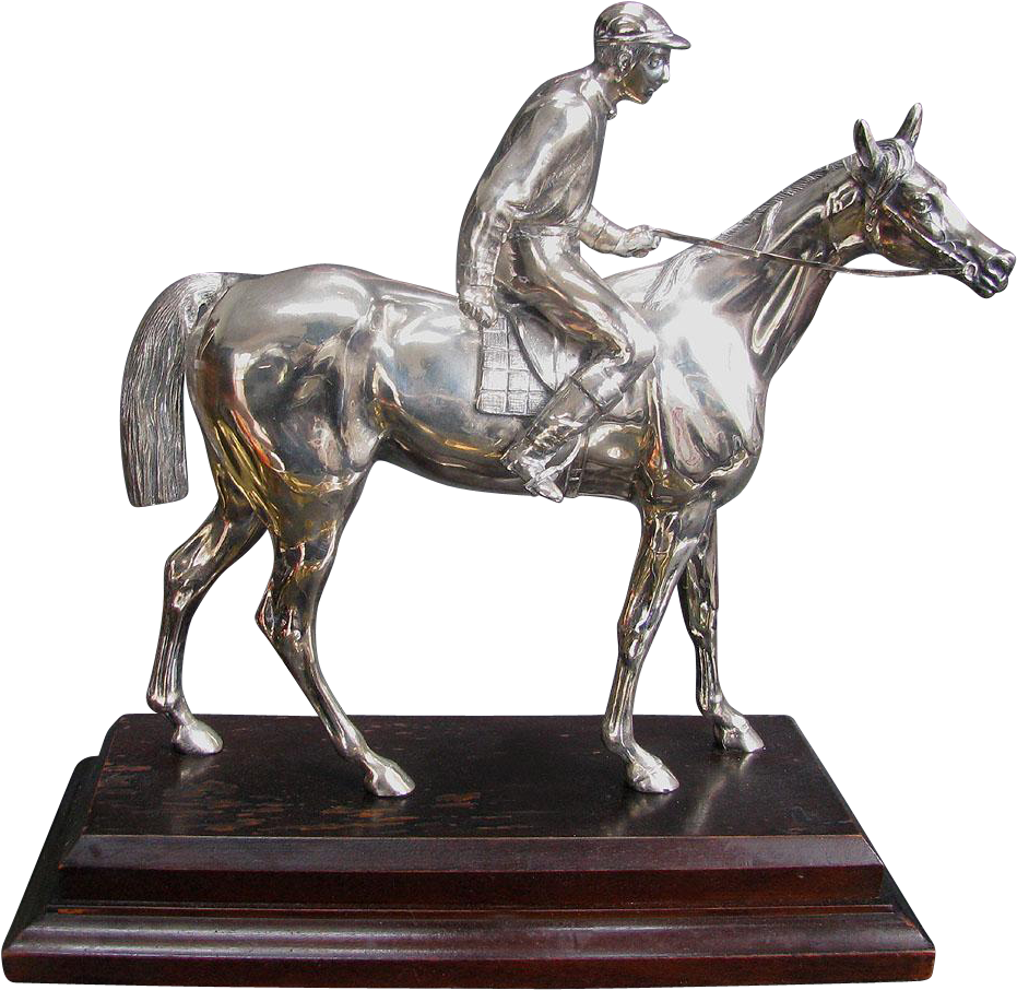 Vintage Silver Figural Race Horse With Jockey Statuette - Statue (930x930), Png Download