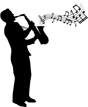 Jazz Age - Man Playing Saxophone Silhouette (406x500), Png Download