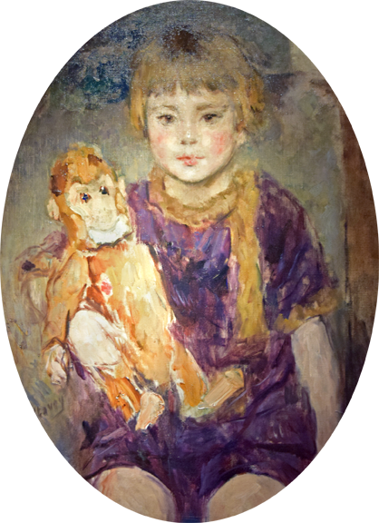 Jean Laudy "little Girl With Stuffed Monkey" Oil On - Watercolor Paint (418x576), Png Download