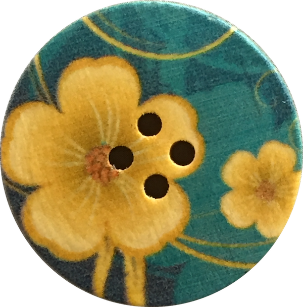 Big Yellow Flower On Turquoise Wood Button The Button - Floral Design (600x609), Png Download