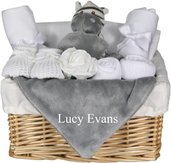 Cute Zebra Themed Baby Gift Basket With Personalised - Wicker (580x541), Png Download