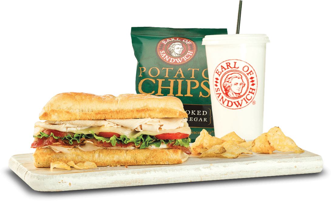 Sandwich Chips & Drink On Wood Plank - Earl Of Sandwich (1100x668), Png Download