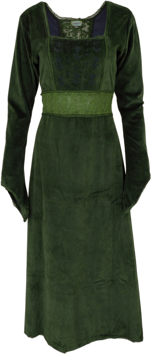Embroidered Velvet Medieval Dress Black Green Front - Green Dress Medieval (1000x1250), Png Download