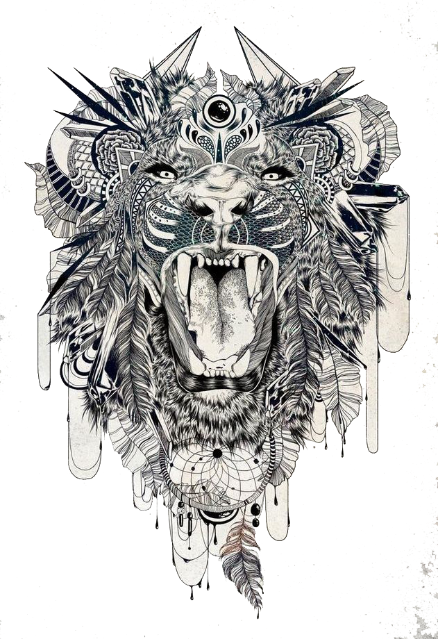 Tattoo Sleeve Tiger Lion Beast Lower-back Clipart - Ethnic Lion Tattoo (631x920), Png Download